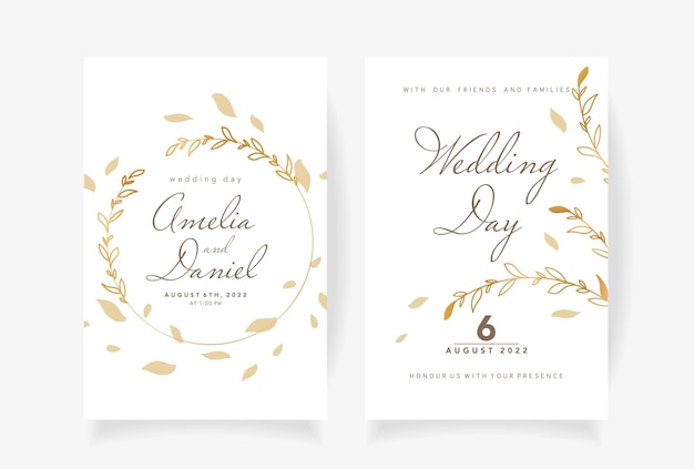 Plantilla de invitación de boda con hermosas hojas doradas y flores vector