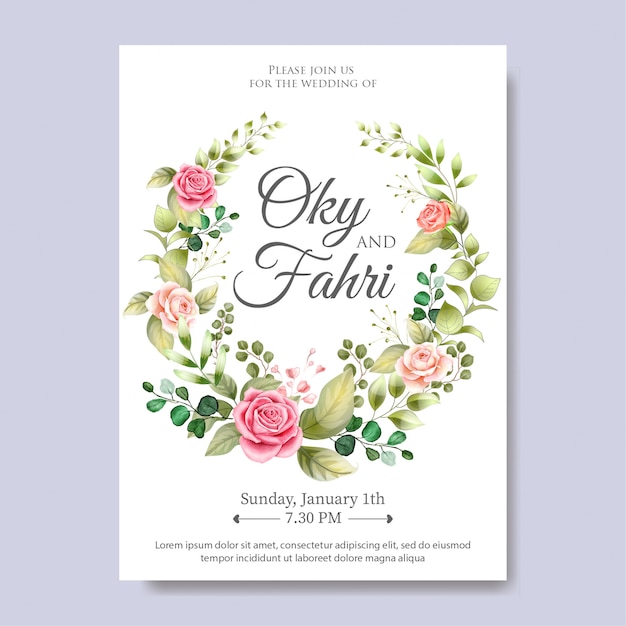 Plantilla de invitación de boda con hermosas hojas florales