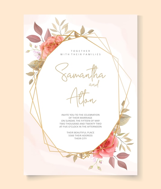 Plantilla de invitación de boda con hermosas rosas