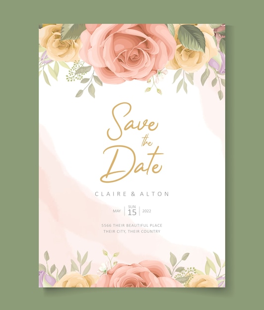 Plantilla de invitación de boda con hermosas rosas