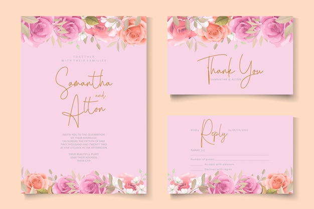 Plantilla de invitación de boda con hermosas rosas