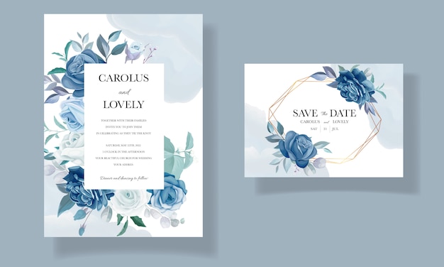 Plantilla de invitación de boda con hermoso ramo floral azul y decoración de borde