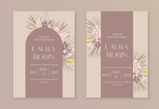 Plantilla de invitación de boda con hierba de pampa lunaria seca floral rosa