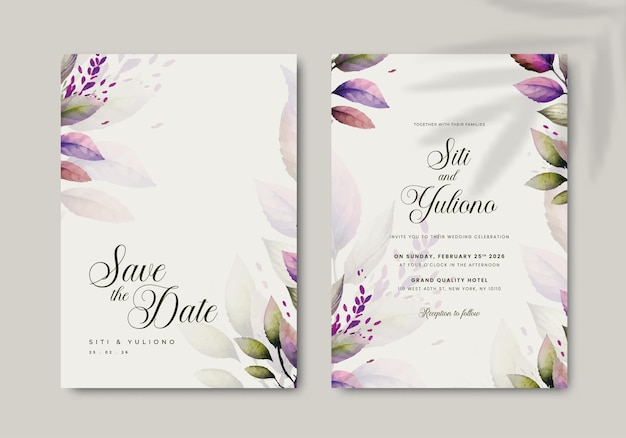 plantilla de invitación de boda con hojas de colores vector premium acuarela