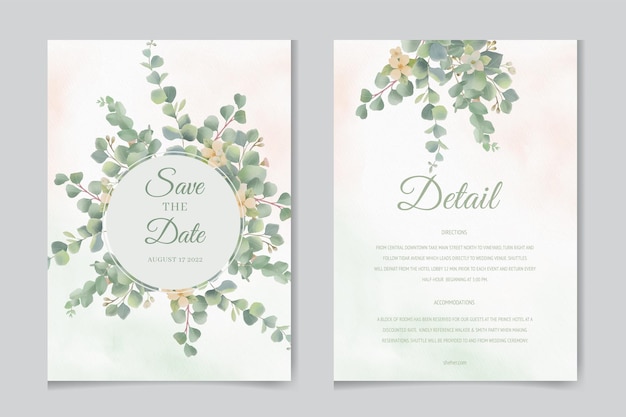 Plantilla de invitación de boda con hojas de eucalipto y menú