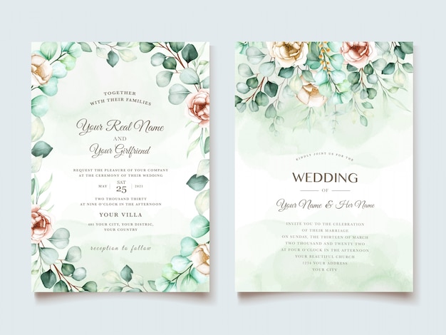 plantilla de invitación de boda con hojas de eucalipto