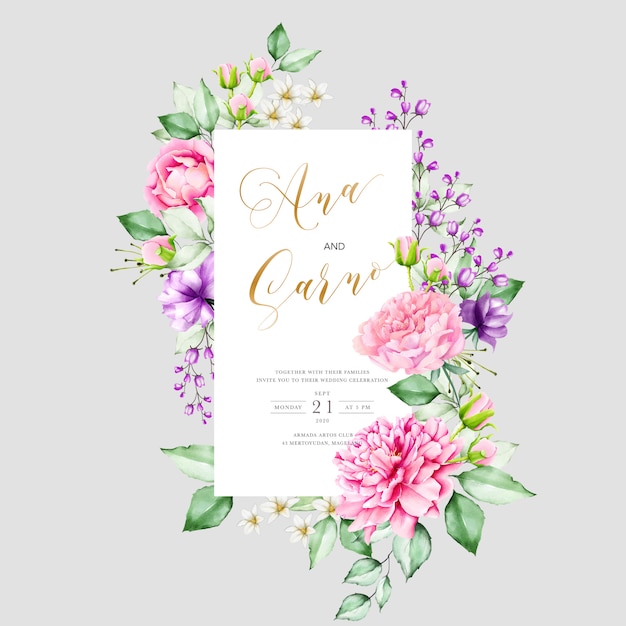 Plantilla de invitación de boda con hojas florales acuarelas