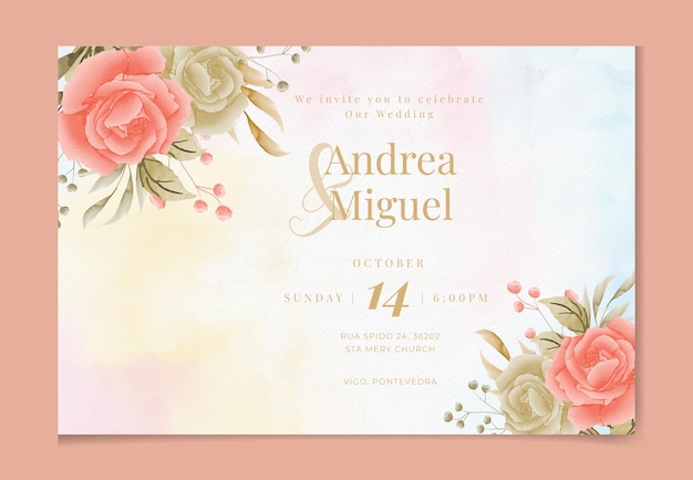 Plantilla de invitación de boda con hojas y flores de acuarela