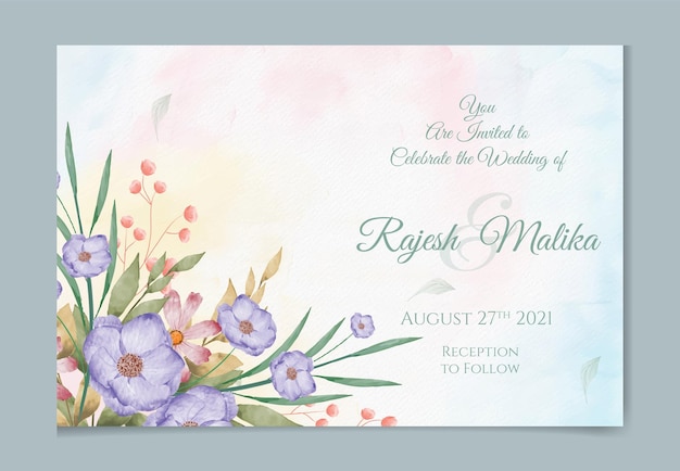 Plantilla de invitación de boda con hojas y flores de acuarela