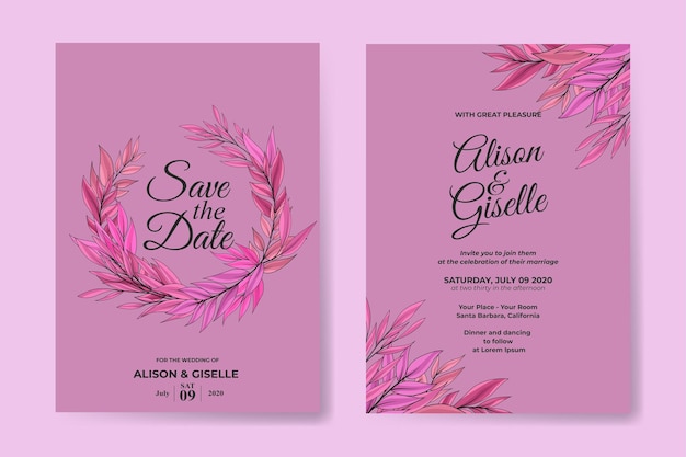 Plantilla de invitación de boda de hojas hermosas