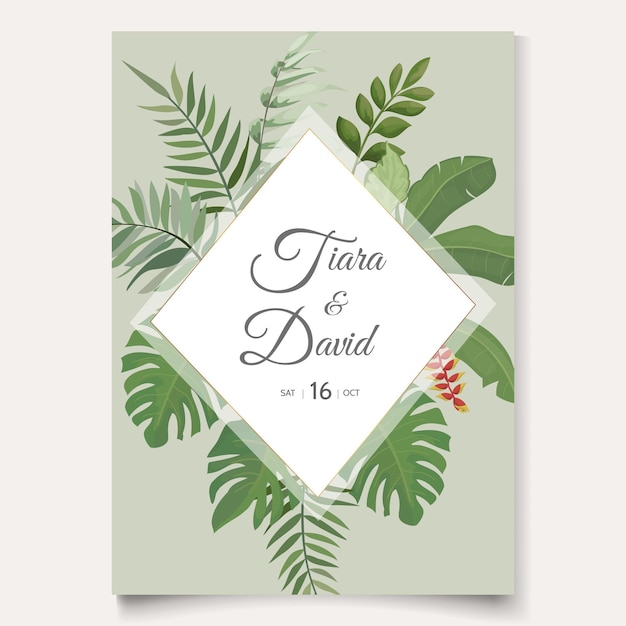 Plantilla de invitación de boda con hojas tropicales