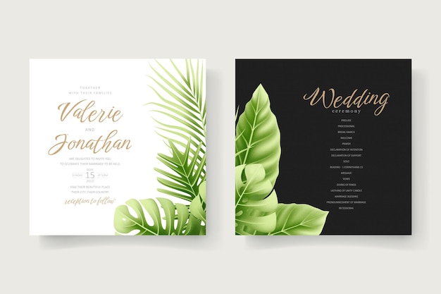 Plantilla de invitación de boda con hojas de verano tropicales realistas