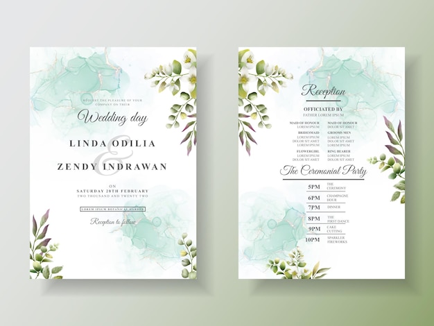 Plantilla de invitación de boda de hojas verdes dibujadas a mano