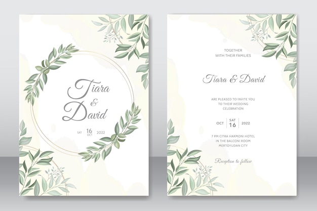 Plantilla de invitación de boda de hojas verdes