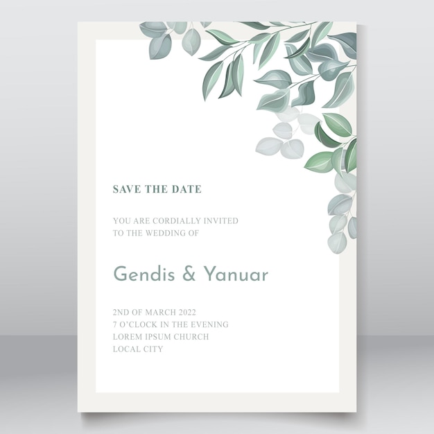 Plantilla de invitación de boda de hojas verdes