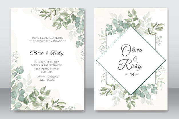 plantilla de invitación de boda de hojas verdes