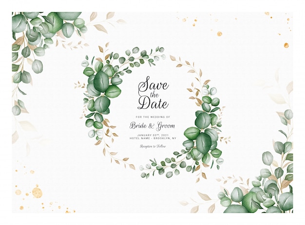 Plantilla de invitación de boda horizontal con corona de eucalipto y decoración de la frontera. concepto de diseño de tarjeta botánica