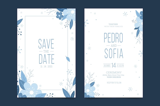 Plantilla de invitación de boda de invierno plana dibujada a mano