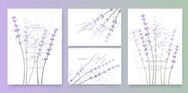 Plantilla de invitación de boda con lavanda acuarela y caligrafía