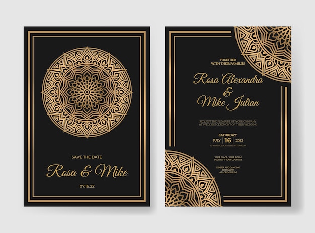 Plantilla de invitación de boda de lujo con decoración de mandala dorado