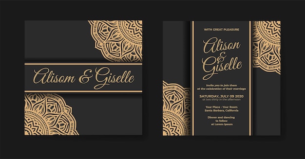 Plantilla de invitación de boda de lujo con decoración de mandala