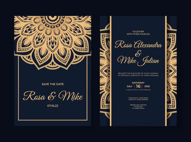 Plantilla de invitación de boda de lujo con mandala