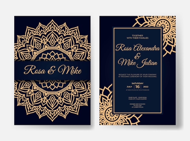 Plantilla de invitación de boda de lujo con patrón de mandala