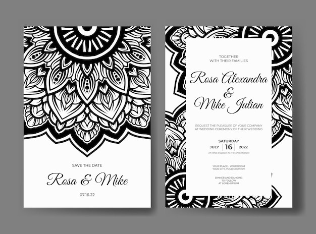 Vector plantilla de invitación de boda mandala en blanco y negro premium