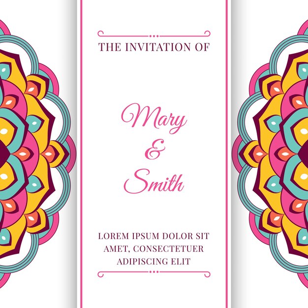 Plantilla de invitación de boda con mandala de colores