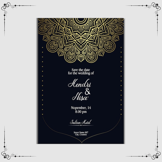 Plantilla de invitación de boda de mandala de lujo.