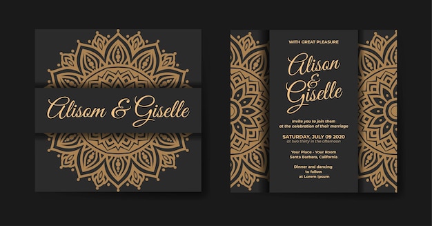 Plantilla de invitación de boda de mandala de lujo