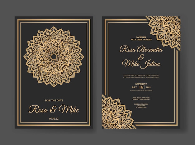 Plantilla de invitación de boda mandala premium