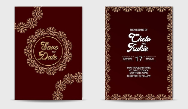 Plantilla de invitación de boda con marco dorado de lujo