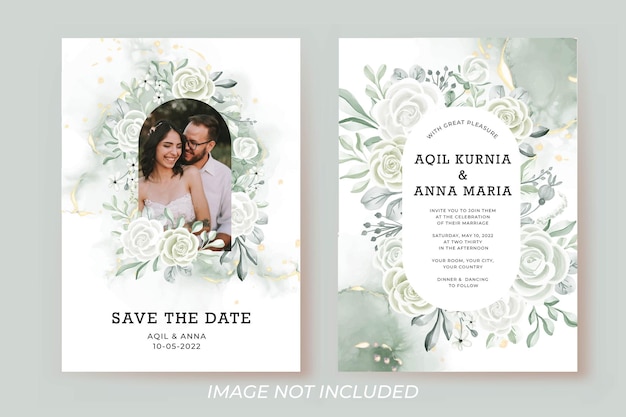 Vector plantilla de invitación de boda con marco de fotos rosa blanca y hojas verdes de acuarela