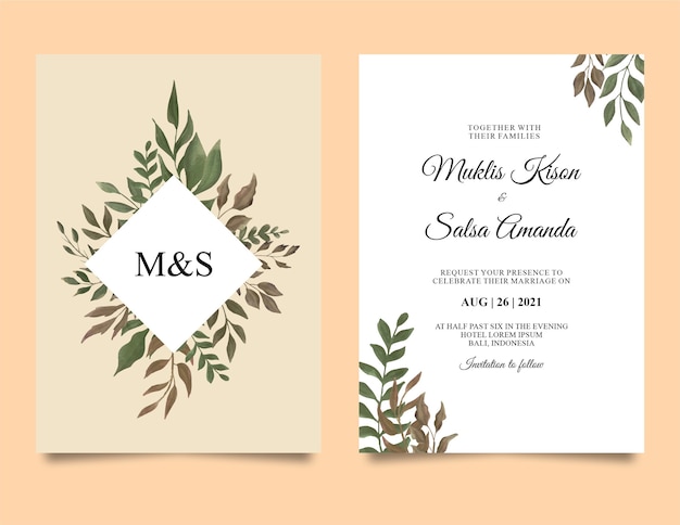 plantilla de invitación de boda con marco de hoja de acuarela