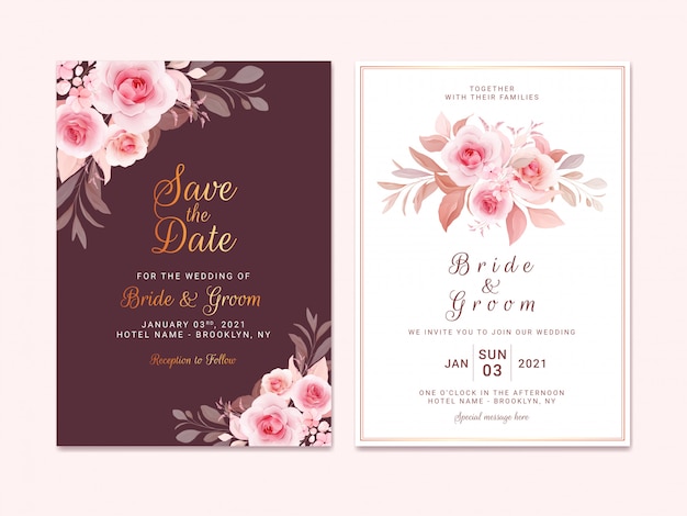 Plantilla de invitación de boda marrón con borde floral romántico y bouquet. composición de rosas y flores de sakura