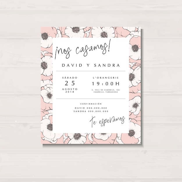 Plantilla de invitación de boda, matrimonio, flores, ilustración de dibujado a mano