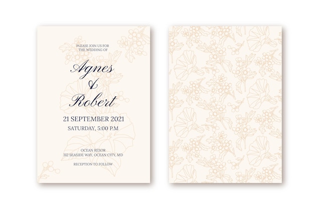 Plantilla de invitación de boda mínima dibujada a mano de grabado