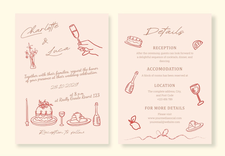 Vector plantilla de invitación de boda minimalista y caprichosa dibujada a mano