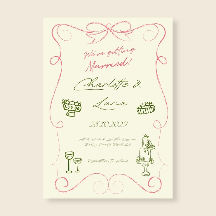 Vector plantilla de invitación de boda minimalista y caprichosa dibujada a mano