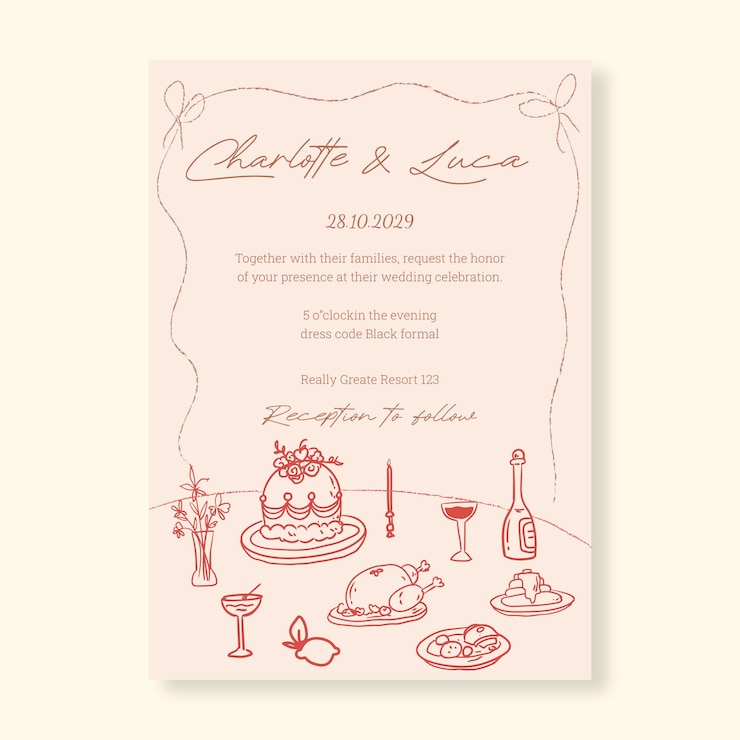 Vector plantilla de invitación de boda minimalista y caprichosa dibujada a mano