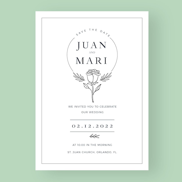 Plantilla de invitación de boda minimalista dibujada a mano