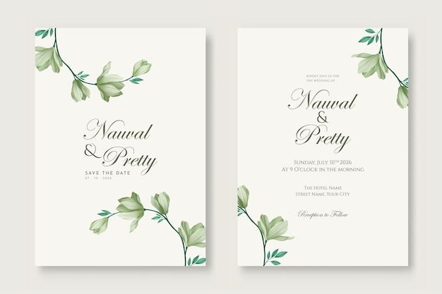 Vector plantilla de invitación de boda minimalista y elegante con flores y hojas de pintura digital