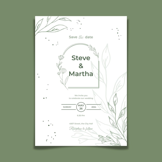 Vector plantilla de invitación de boda minimalista estilo simple con decoración floral dibujada a mano