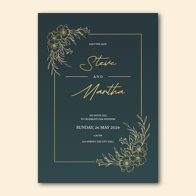 Plantilla de invitación de boda minimalista con flores doradas dibujadas a mano