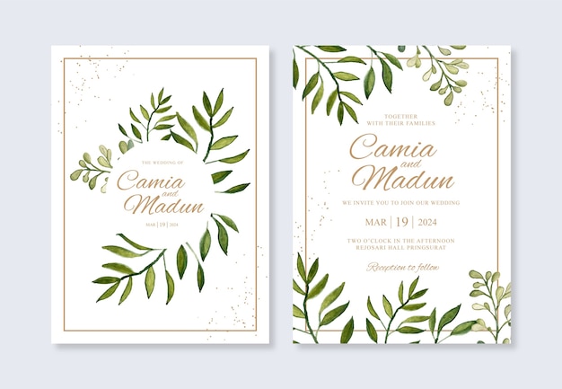 Vector plantilla de invitación de boda minimalista con follaje de acuarela