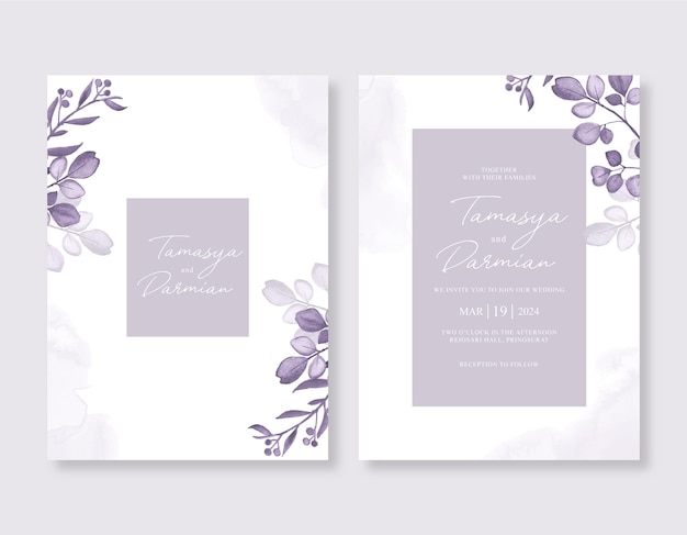 Vector plantilla de invitación de boda minimalista con hojas de acuarela moradas