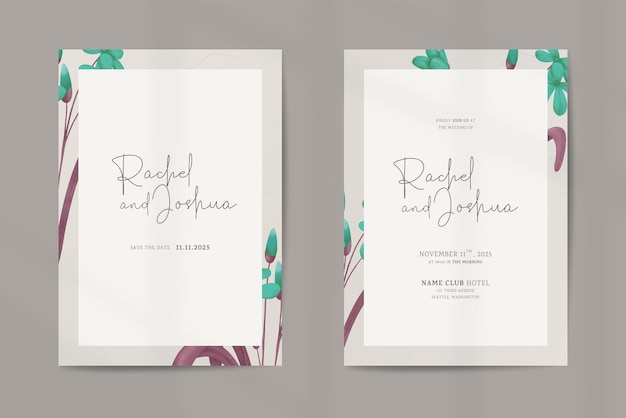 Plantilla de invitación de boda moderna de doble cara con adornos de acuarela de flores vintage