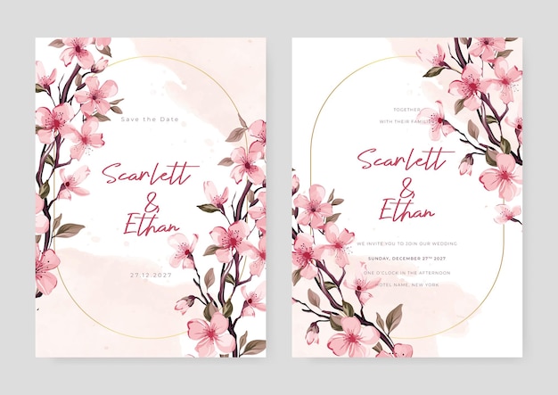 plantilla de invitación de boda moderna de sakura rosa con floral y flor