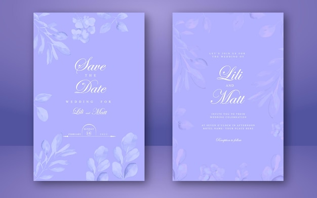 Una plantilla de invitación de boda morada y azul